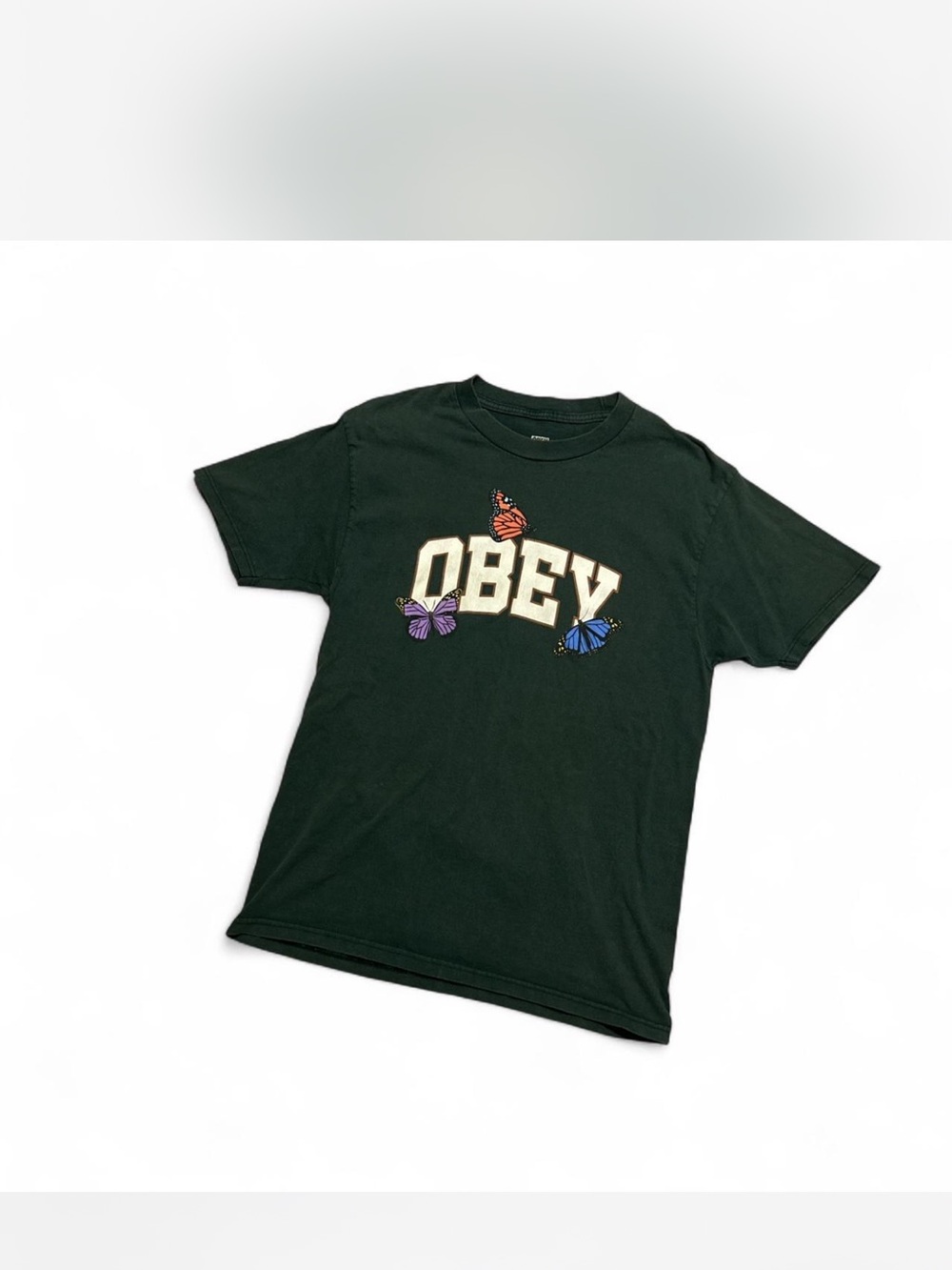 Obey Black Kids' Tee with Cream Logo and Colorful Butterflies